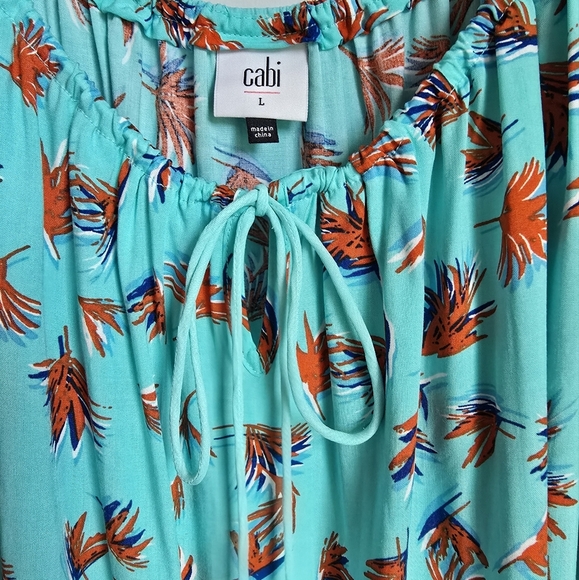 CAbi, New, Aqua/Orange Palm Leaf Tie Front Tassel Tank Blouse Top, Size Large - Picture 10 of 11